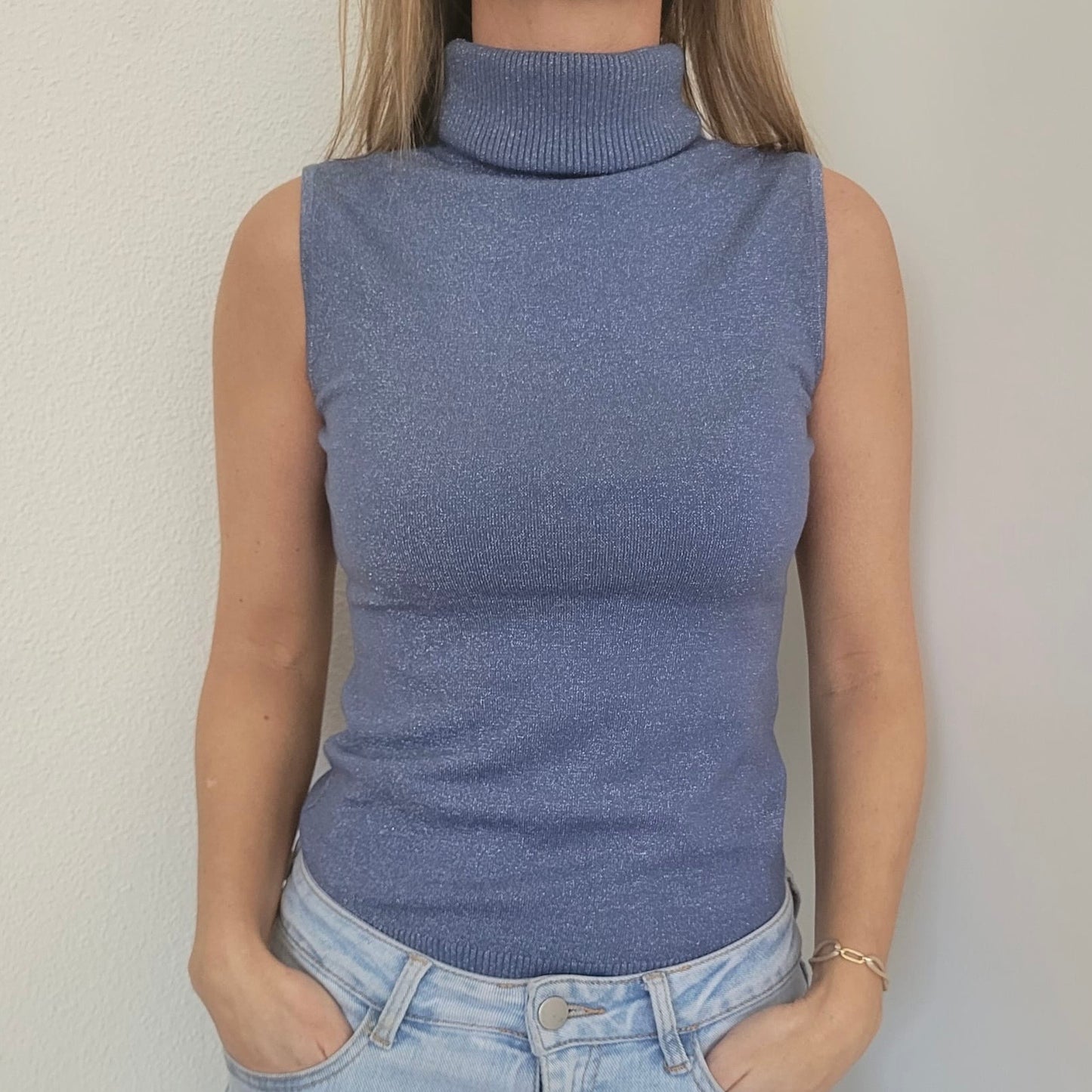 Top met col lurex blauw