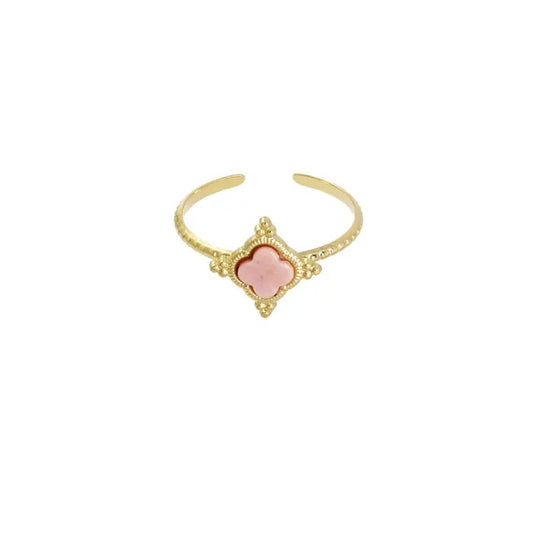 Klaver ring met steen-Roze One Size