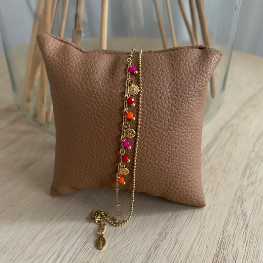 Dubbel armbandje met kraaltjes en muntjes Rood/Fuchsia/Goud