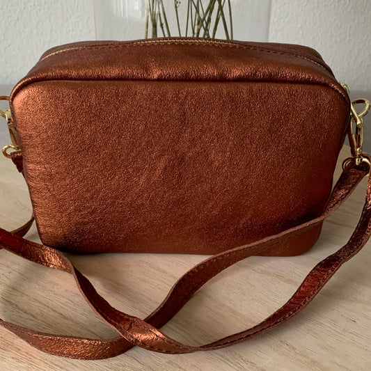 Lederen crossbody tas XL Koperkleur 'Tassel' gouden ritsje